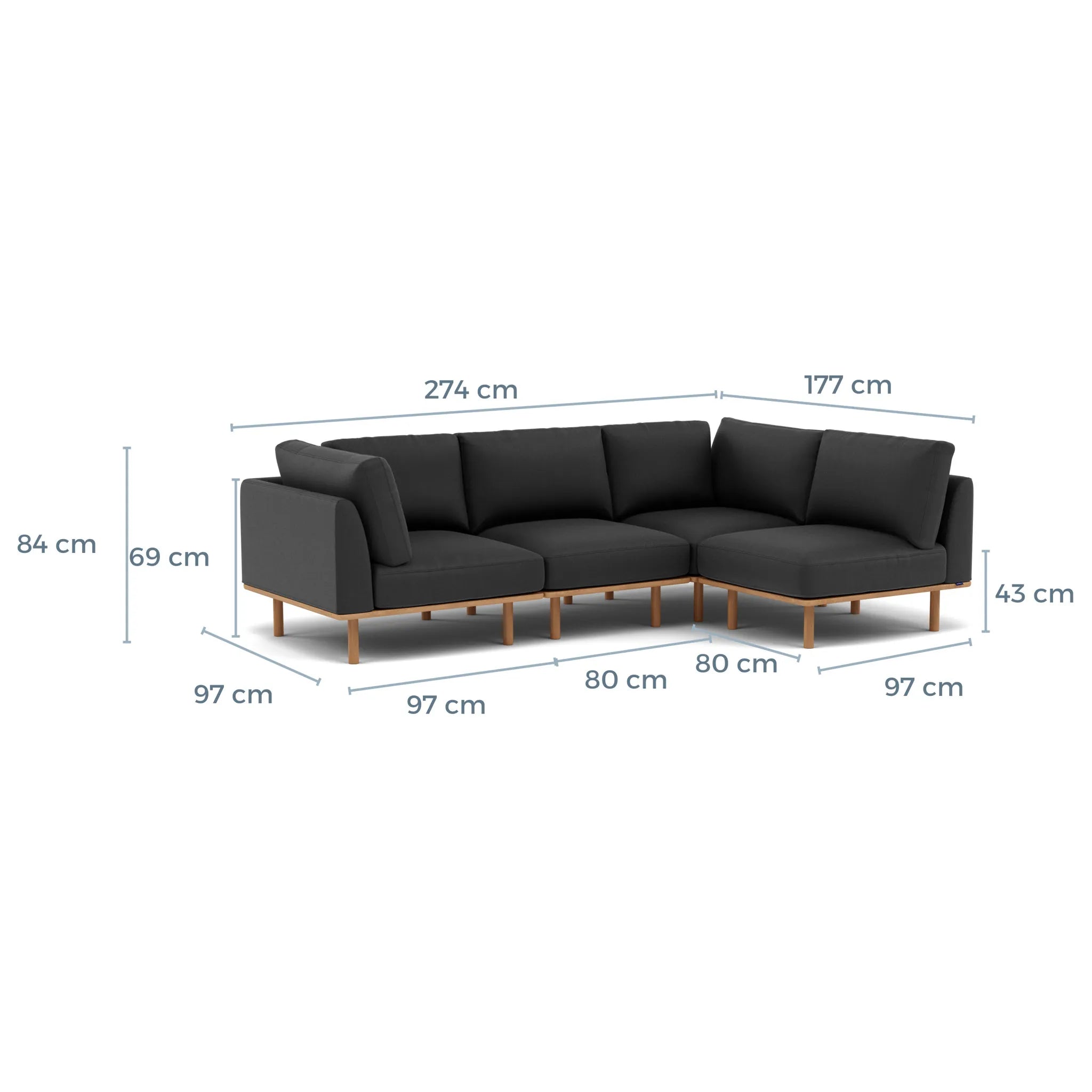 Anika Modular Sofa 4-Seater Corner Coal Grey Fabric Solid American Oak