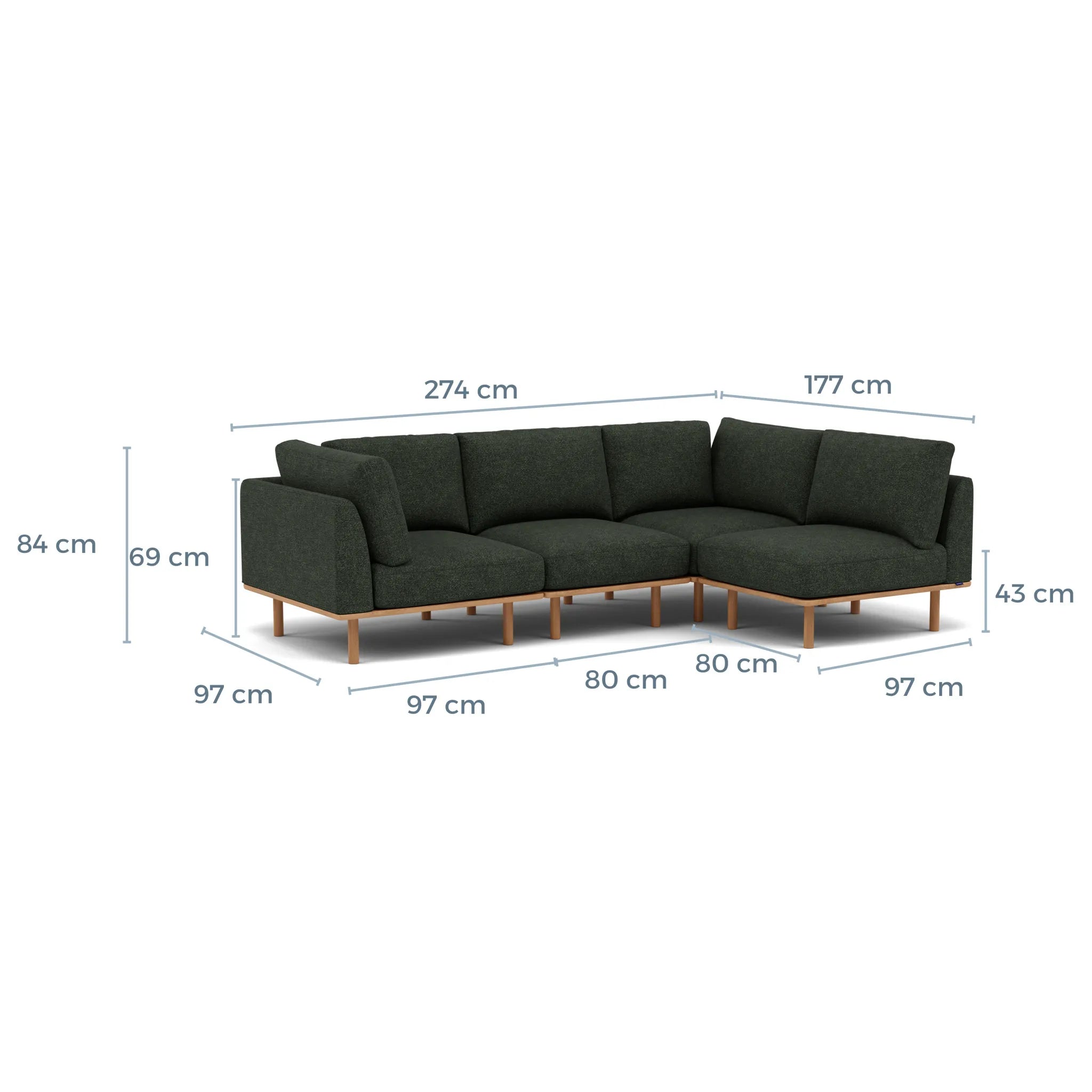 Anika Modular Sofa 4-Seater Corner Olive Green Fabric Solid American Oak