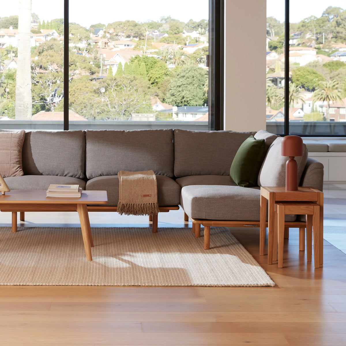 Anika Modular Sofa 4-Seater Corner Steel Grey Fabric Solid American Oak