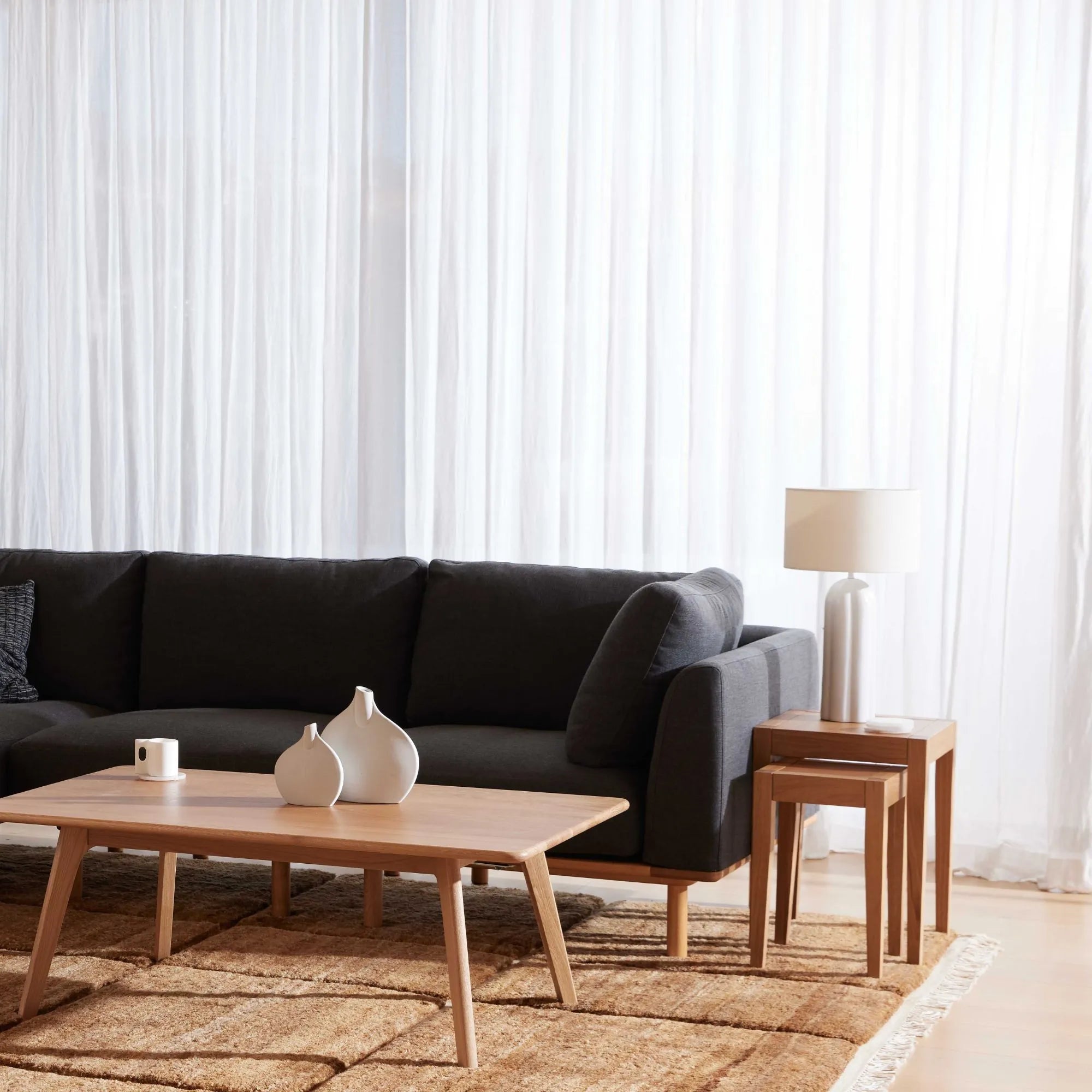 Anika Modular Sofa 4-Seater Coal Grey Fabric Solid American Oak