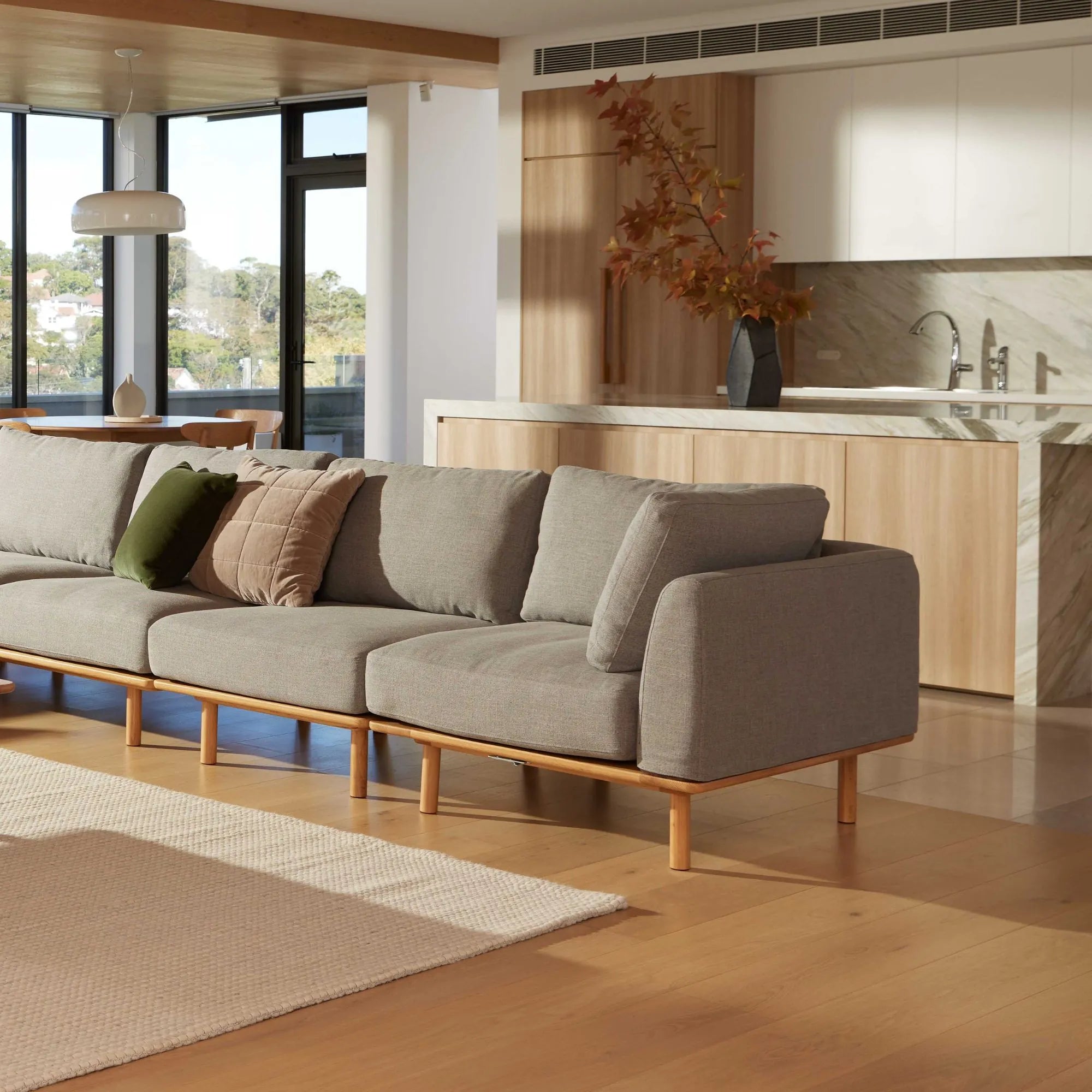 Anika Modular Sofa 4-Seater Steel Grey Fabric Solid American Oak