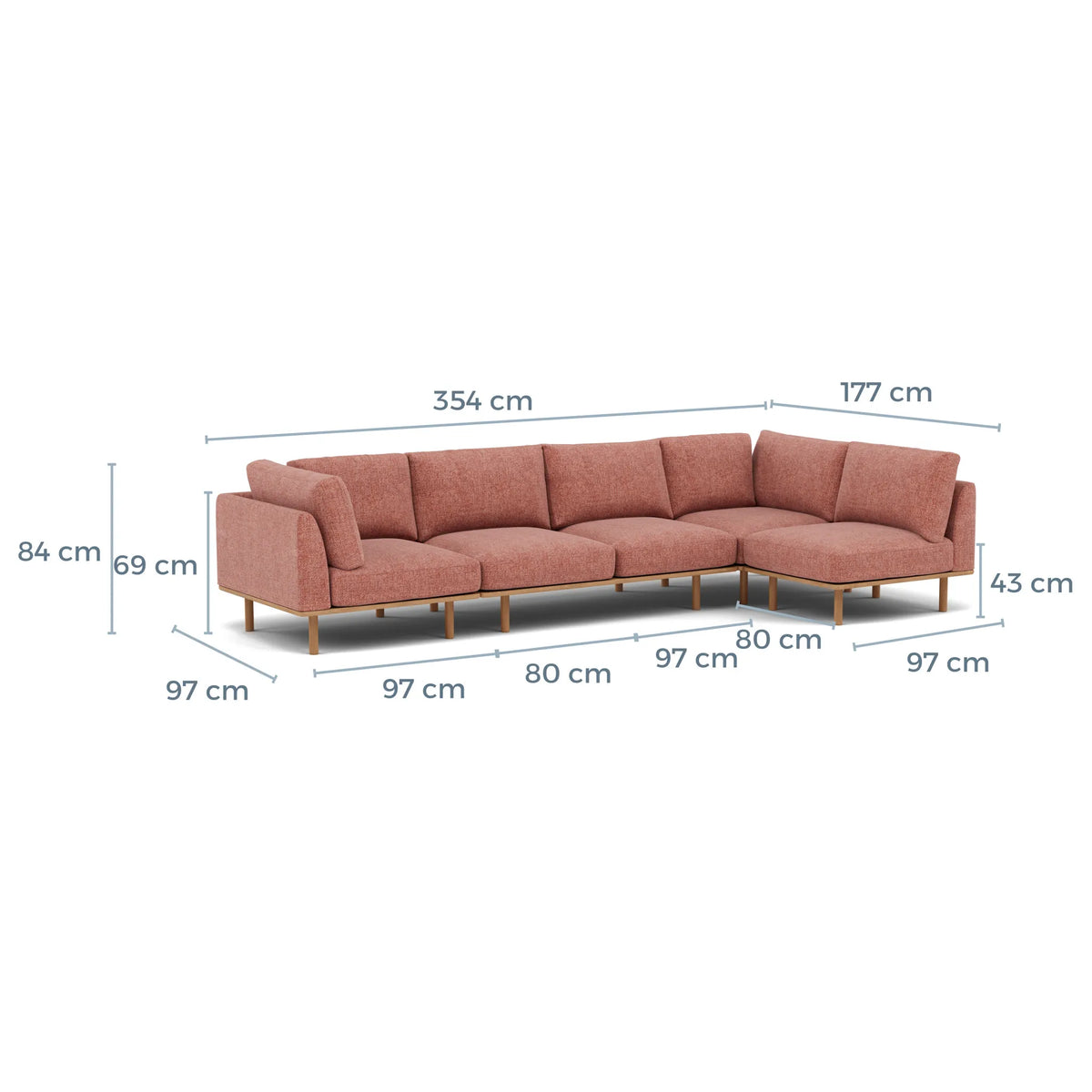 Anika Modular Sofa 5-Seater Corner Clay Pink Fabric Solid American Oak