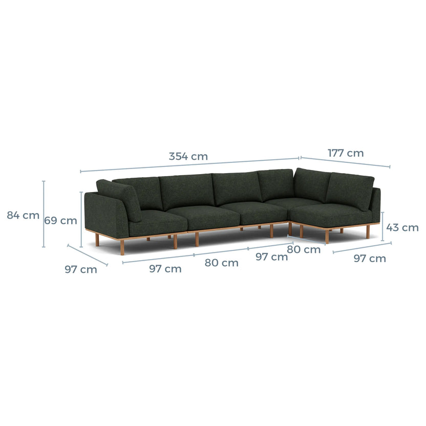 Anika Modular Sofa 5-Seater Corner Olive Green Fabric Solid American Oak