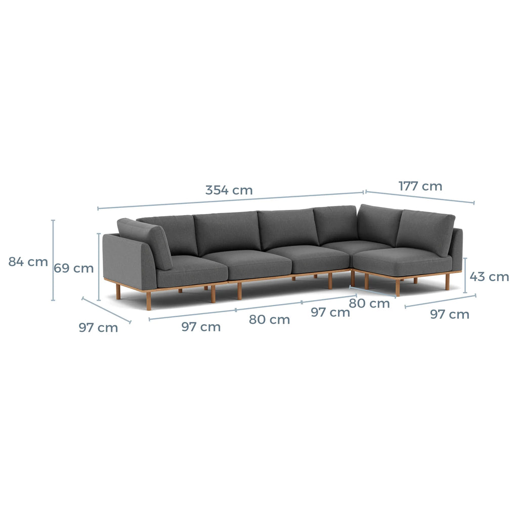 Anika Modular Sofa 5-Seater Corner Steel Grey Fabric Solid American Oak
