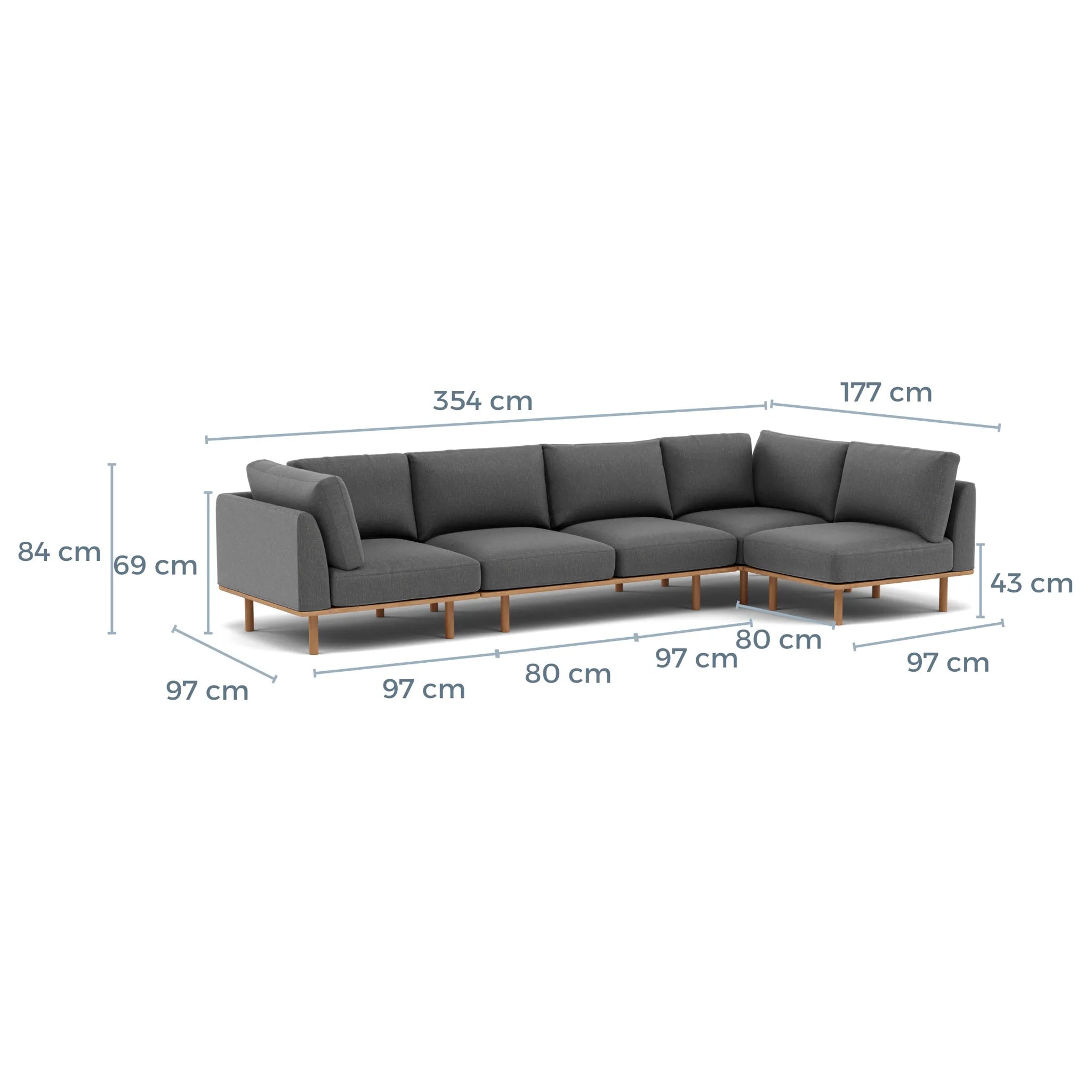 Anika Modular Sofa 5-Seater Corner Steel Grey Fabric Solid American Oak