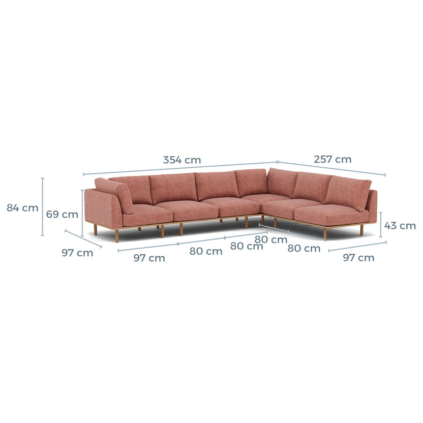 Anika Modular Sofa 6-Seater Corner Chaise Clay Pink Fabric Solid American Oak
