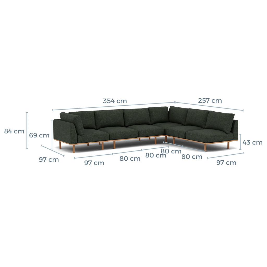 Anika Modular Sofa 6-Seater Corner Chaise Olive Green Fabric Solid American Oak