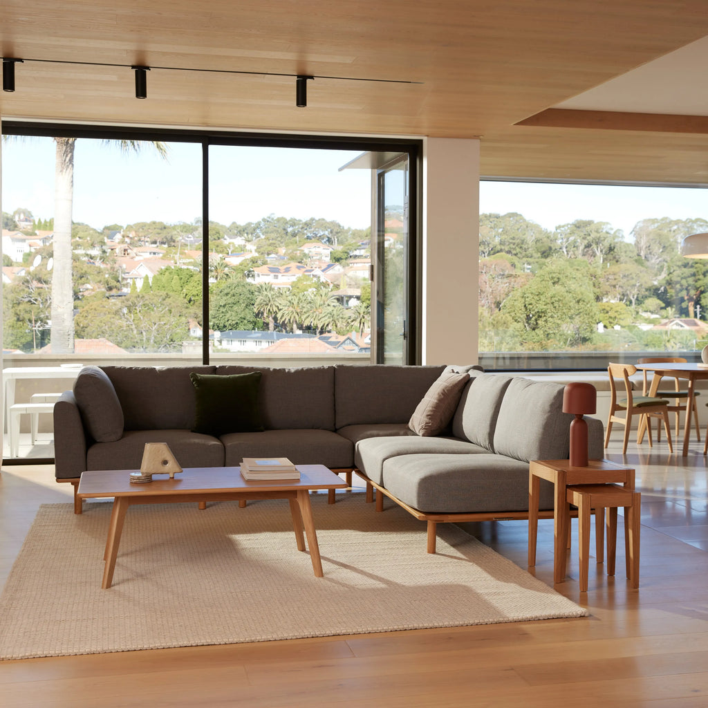 Anika Modular Sofa 6-Seater Corner Chaise Steel Grey Fabric Solid American Oak