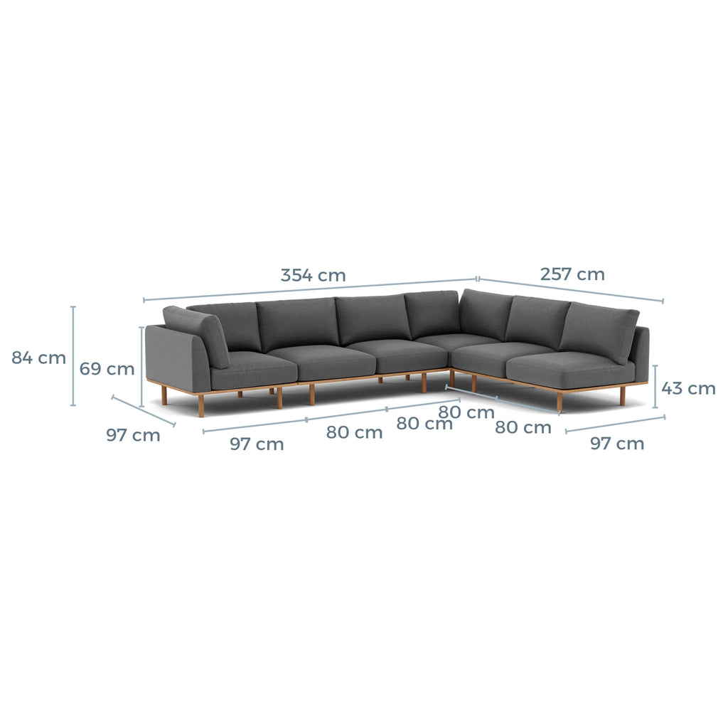 Anika Modular Sofa 6-Seater Corner Chaise Steel Grey Fabric Solid American Oak