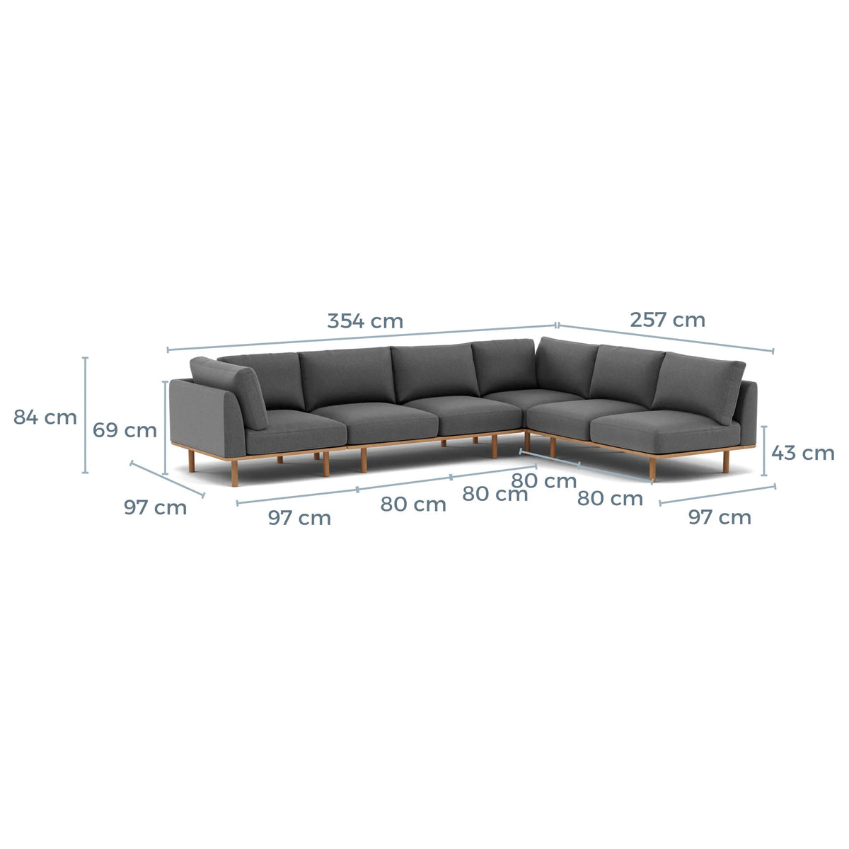 Anika Modular Sofa 6-Seater Corner Chaise Steel Grey Fabric Solid American Oak