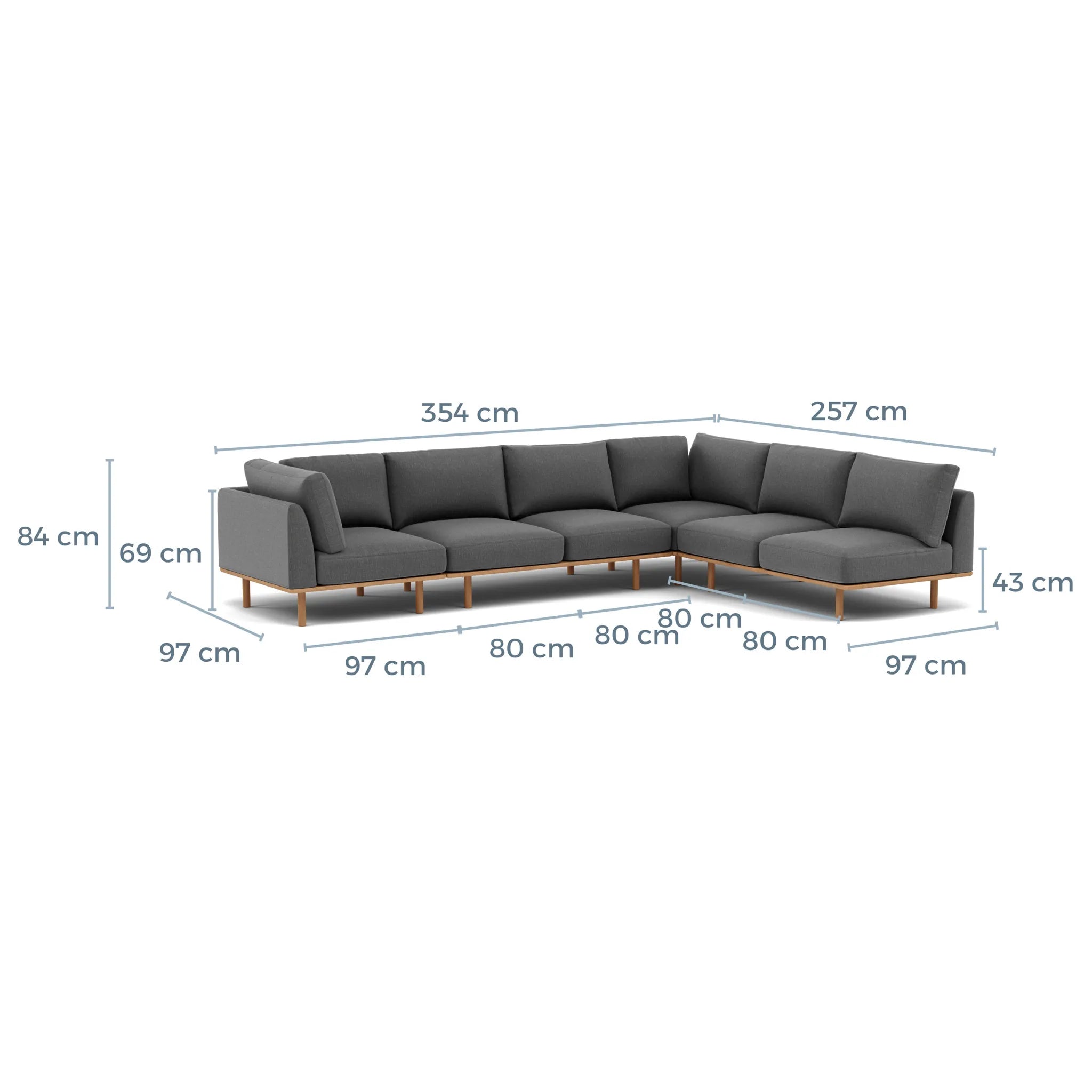 Anika Modular Sofa 6-Seater Corner Chaise Steel Grey Fabric Solid American Oak