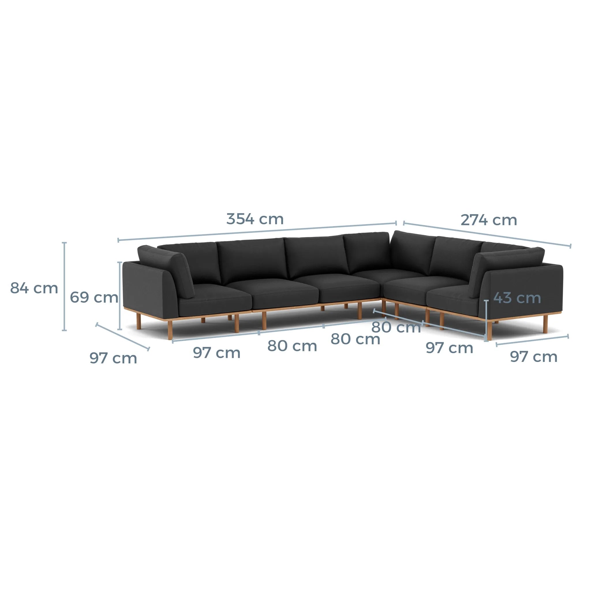 Anika Modular Sofa 6-Seater Corner Coal Grey Fabric Solid American Oak