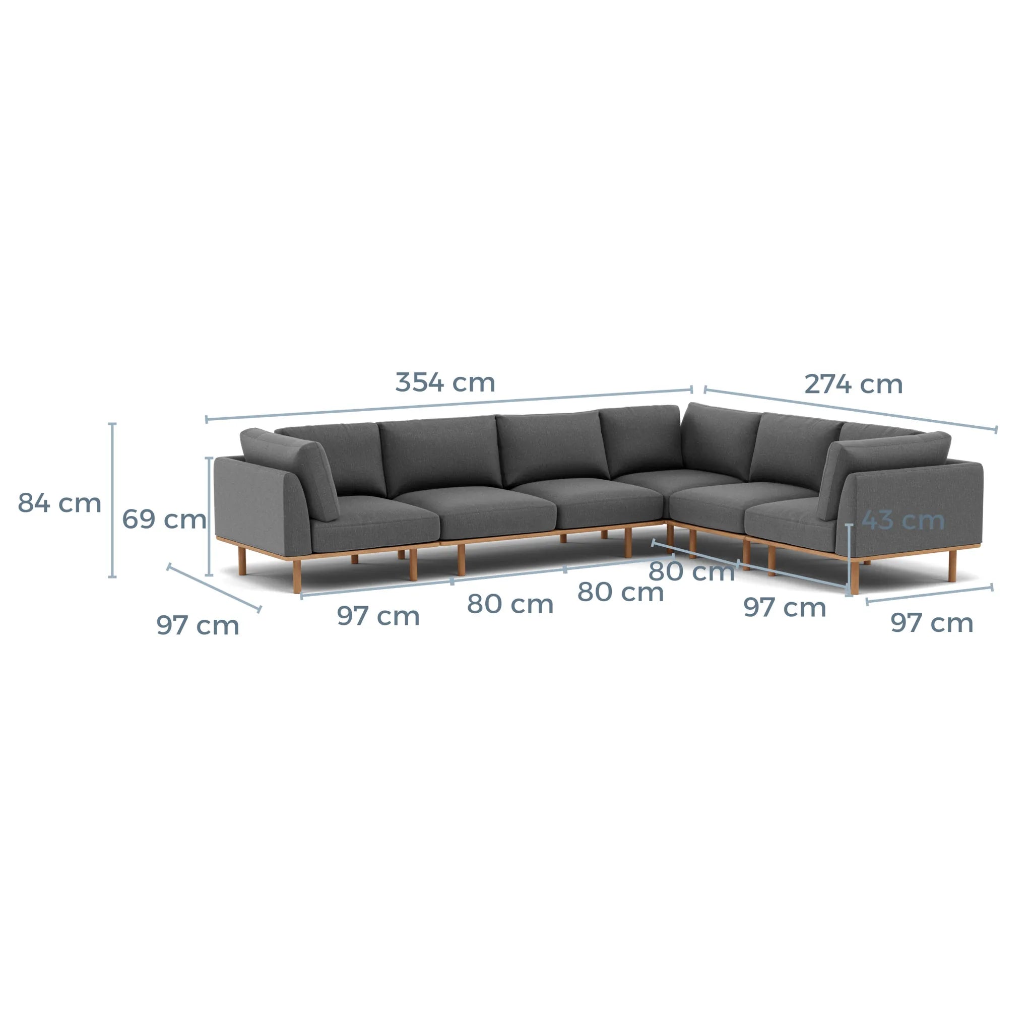 Anika Modular Sofa 6-Seater Corner Steel Grey Fabric Solid American Oak