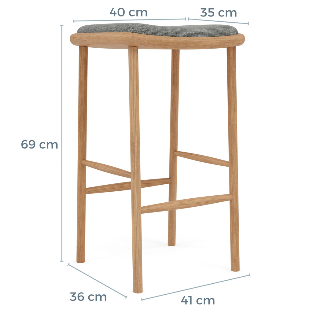 Anton Bar Stool Pewter Grey Fabric Solid American Oak