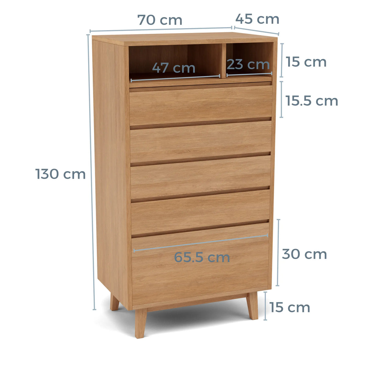 Bastian Tallboy 5 Drawers 70 x 45cm Solid American Oak