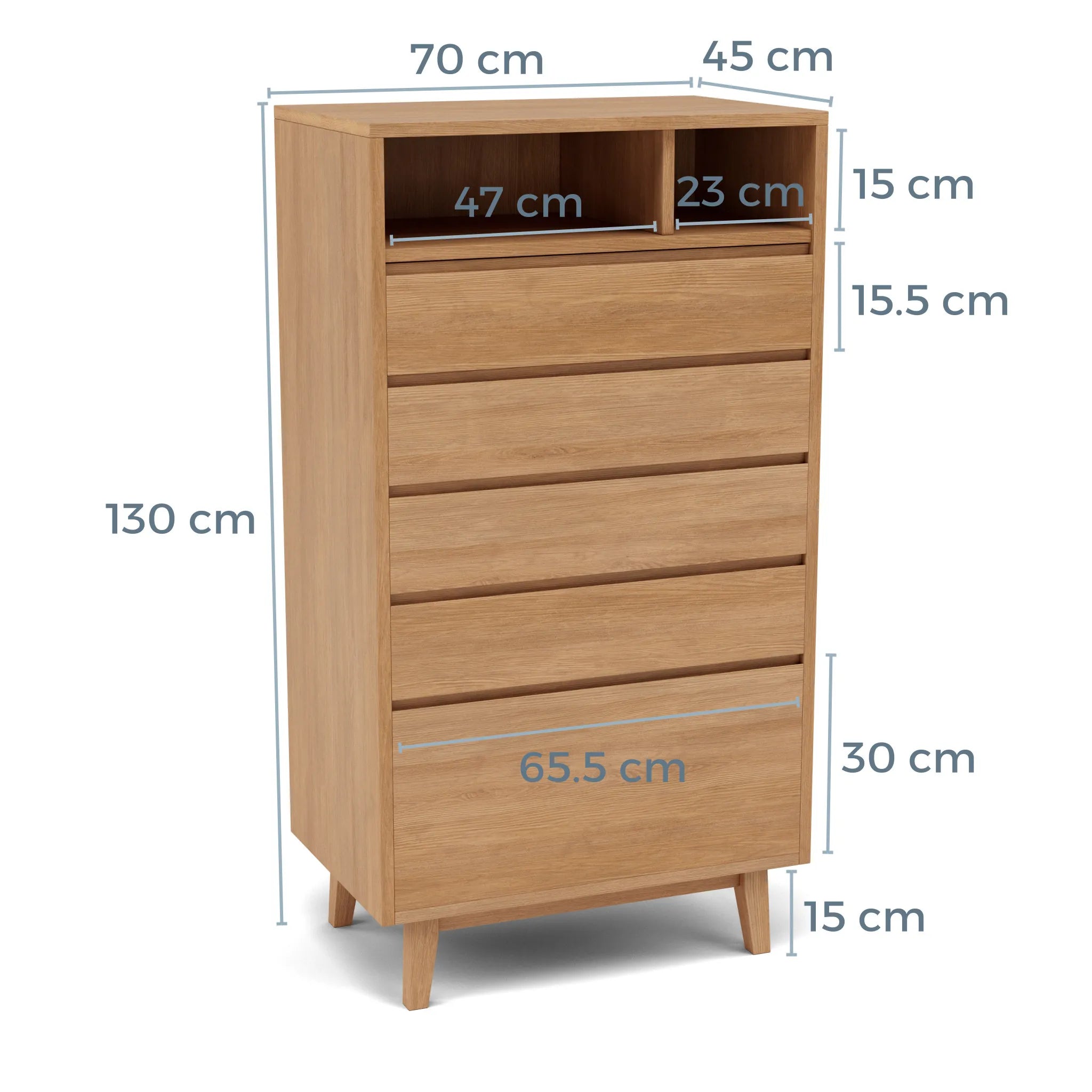 Bastian Tallboy 5 Drawers 70 x 45cm Solid American Oak