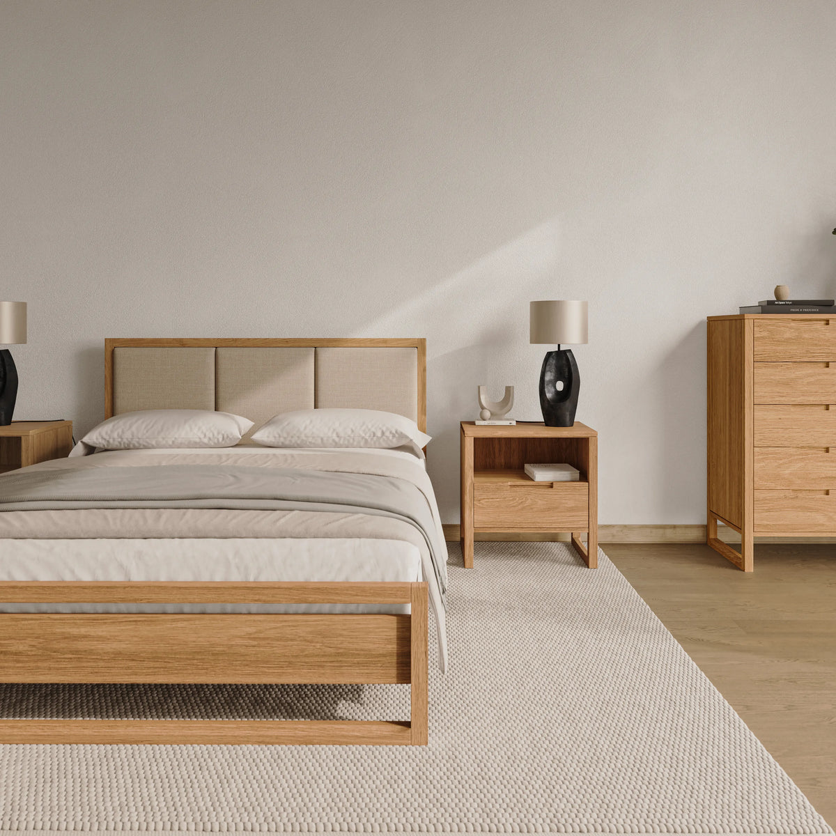 Bruno Bed Frame Upholstered Queen American Oak
