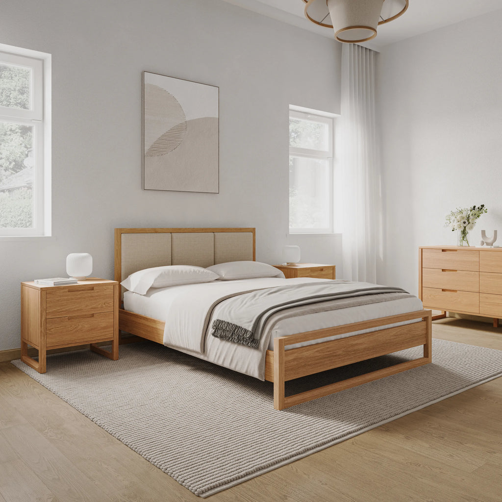Bruno Bed Frame Upholstered Queen American Oak