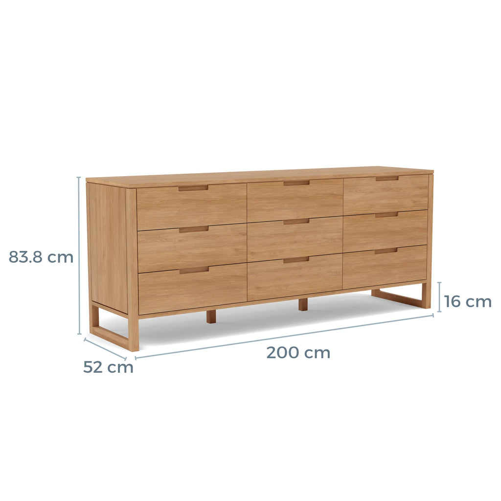 Bruno Chest 9 Drawers 200 x 52cm Solid American Oak