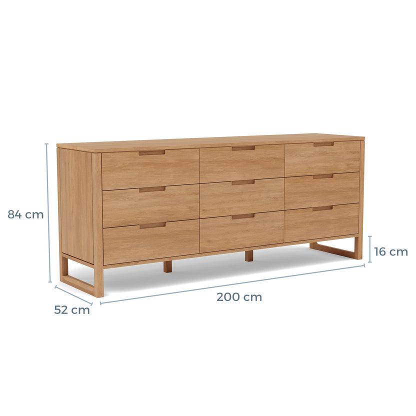 Bruno Chest 9 Drawers 200 x 52cm Solid American Oak