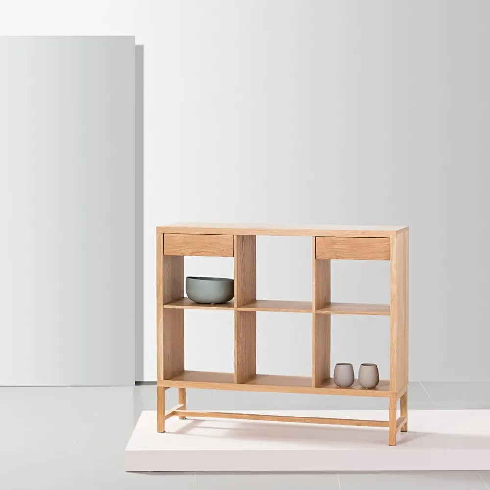 Jonas Display Shelf 3 x 2 with Drawers 110 x 33 x 94cm American Oak