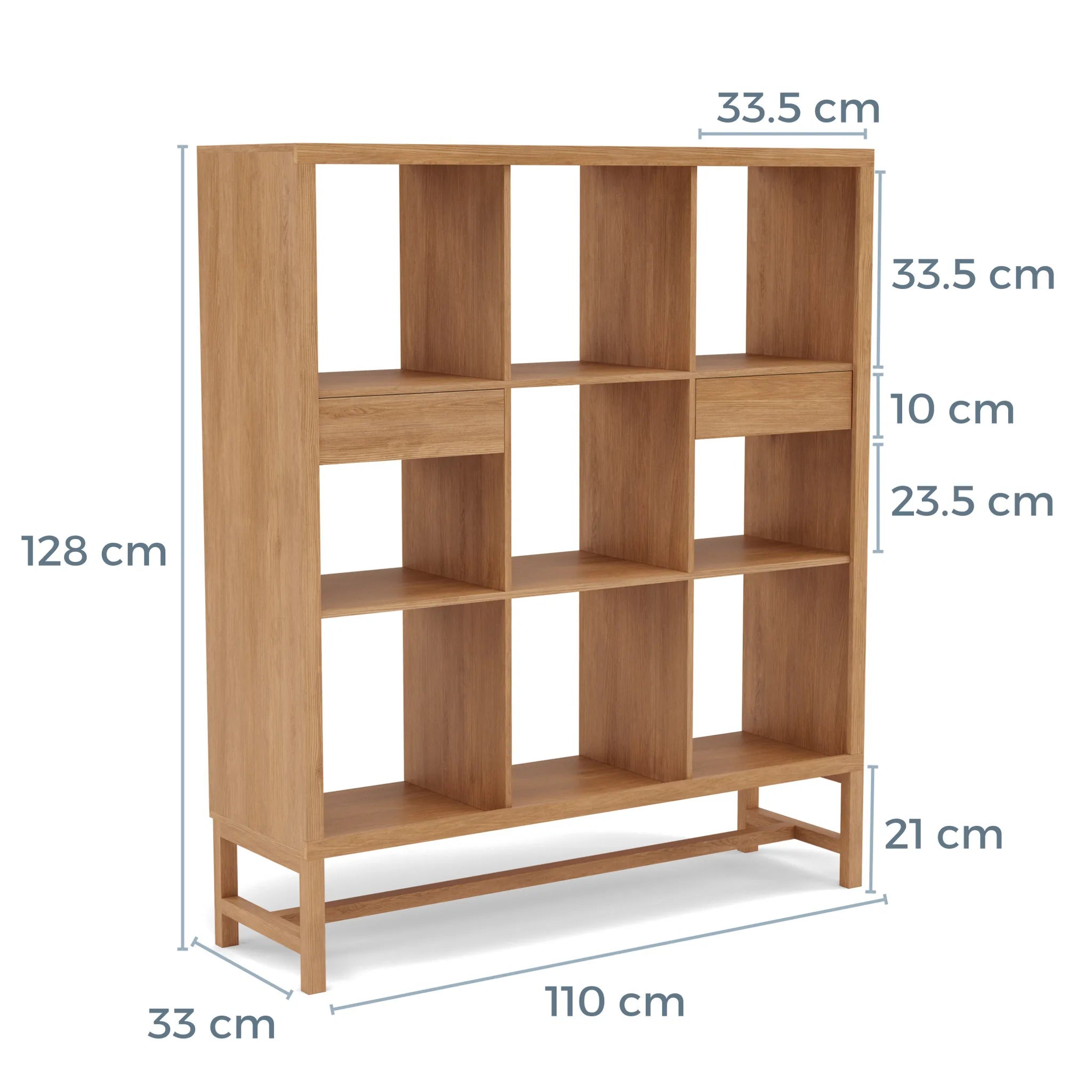 Jonas Display Shelf 3 x 3 with Drawers 110 x 33 x 128cm American Oak