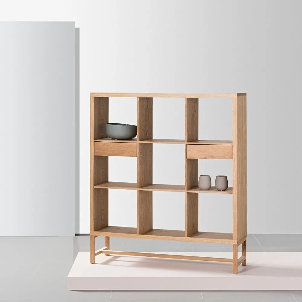 Jonas Display Shelf 3 x 3 with Drawers 110 x 33 x 128cm American Oak