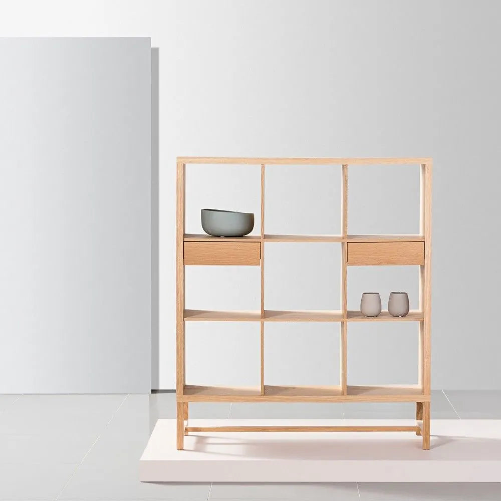 Jonas Display Shelf 3 x 3 with Drawers 110 x 33 x 128cm American Oak