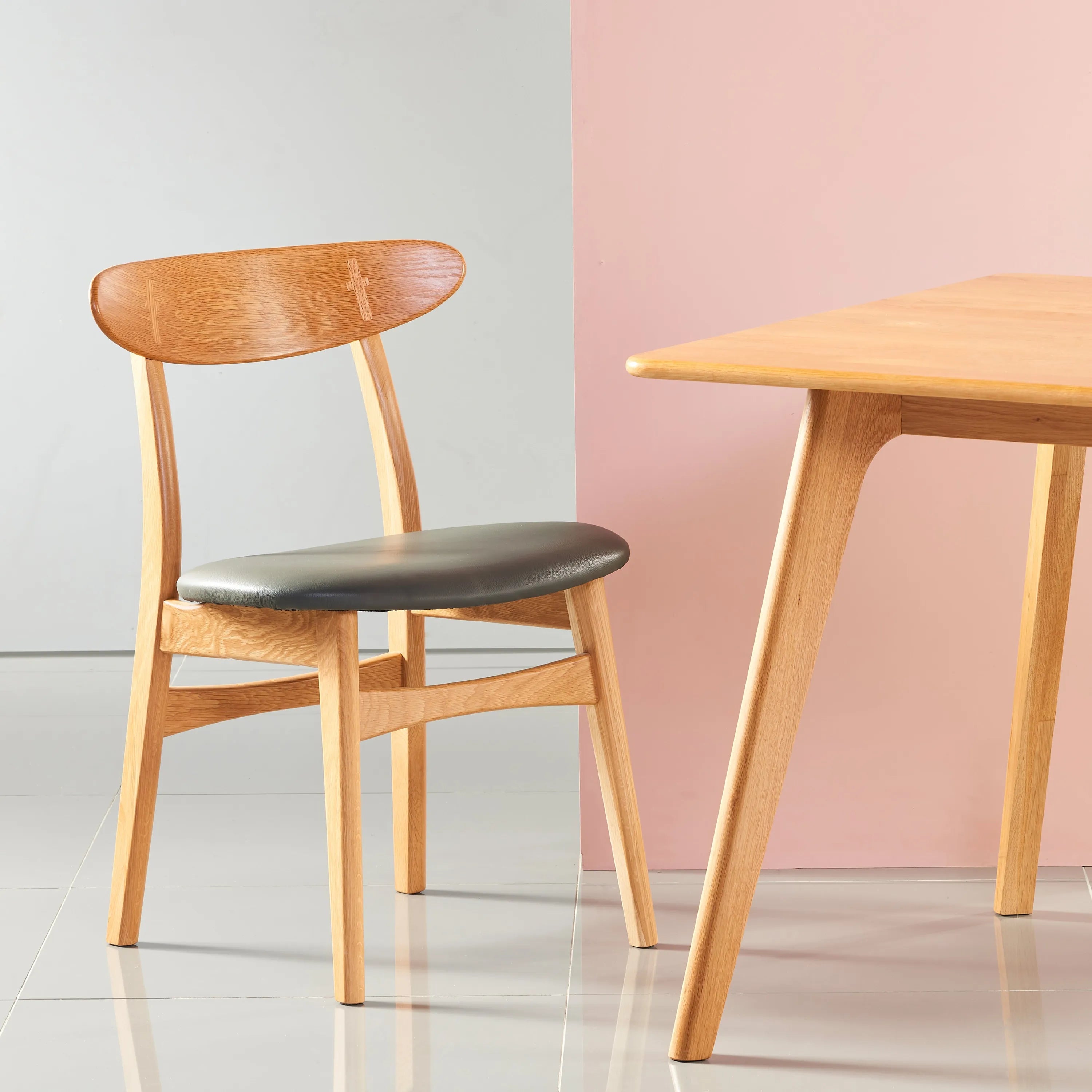 Magnus Dining Chair Grey Leather Solid American Oak