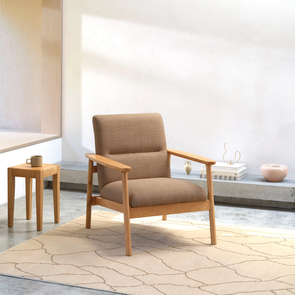 Mysa Armchair Camel Beige Fabric Solid American Oak