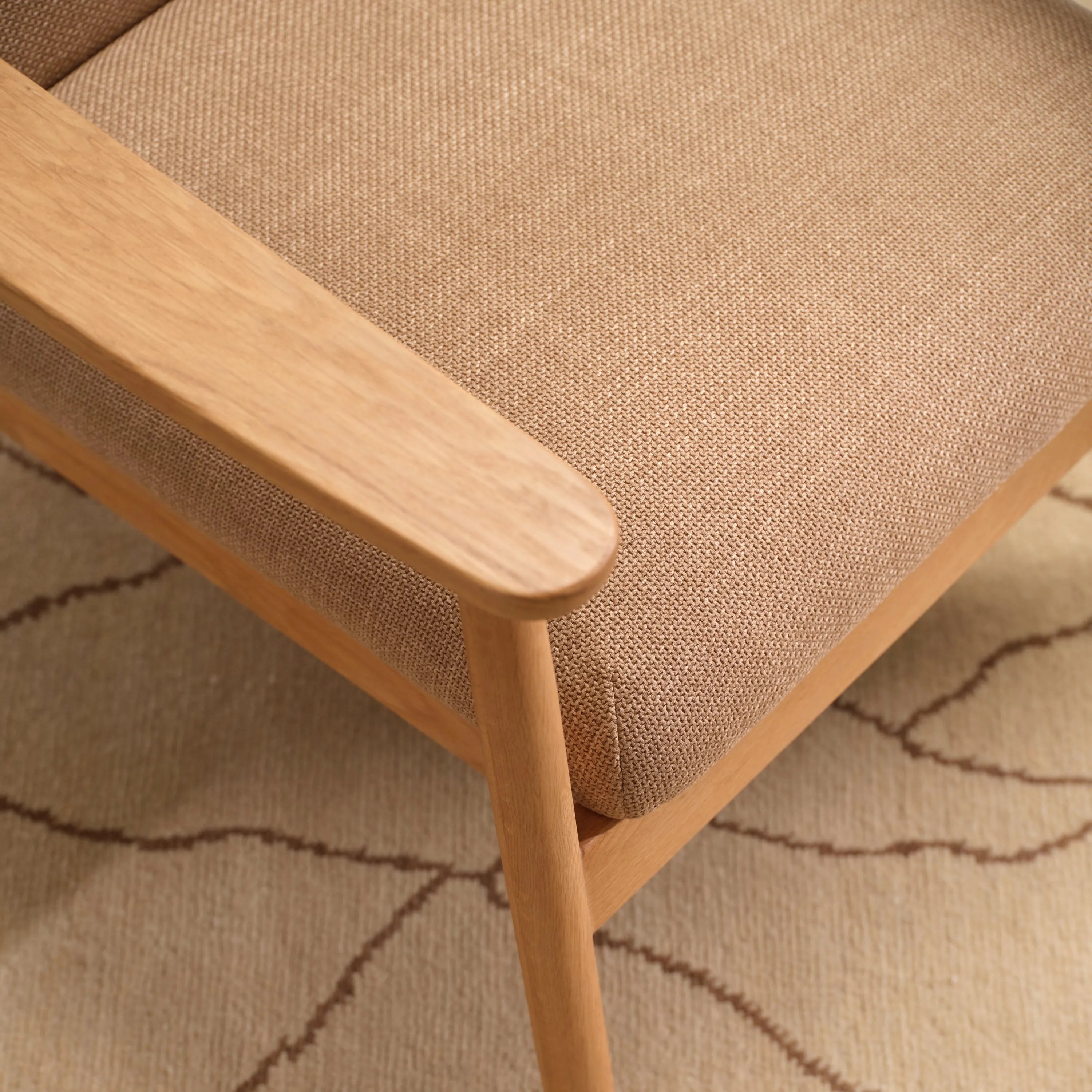 Mysa Armchair Camel Beige Fabric Solid American Oak