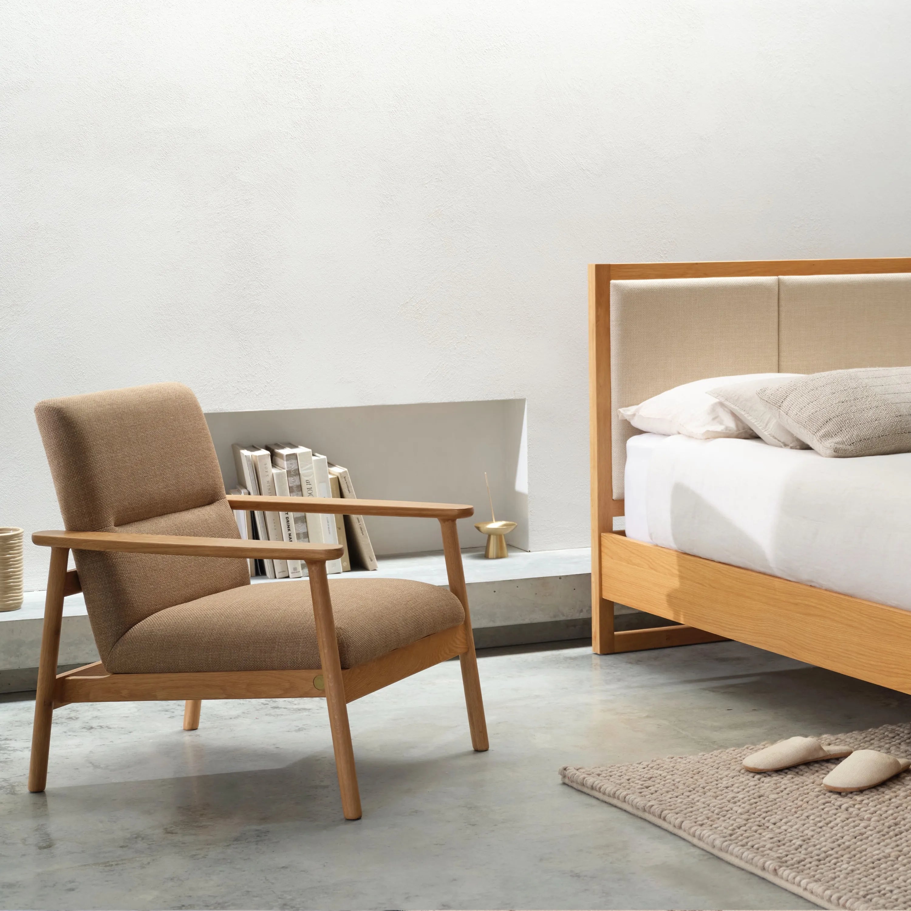 Mysa Armchair Camel Beige Fabric Solid American Oak