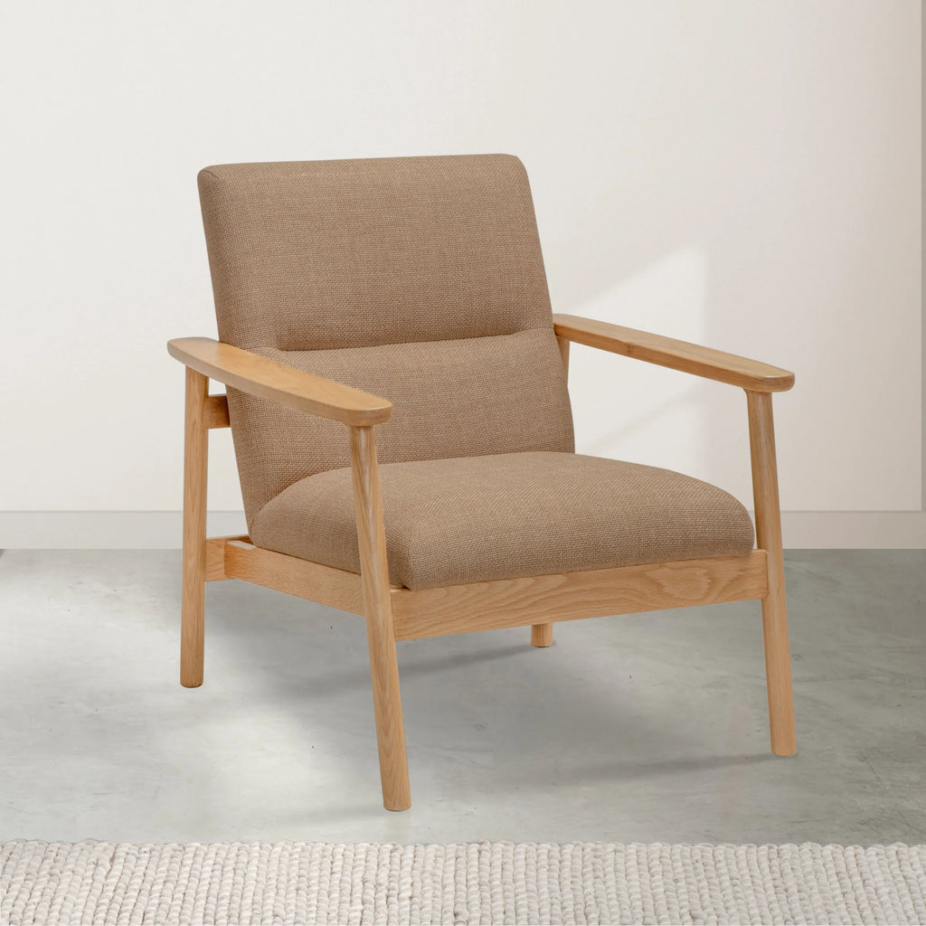 Mysa Armchair Camel Beige Fabric Solid American Oak
