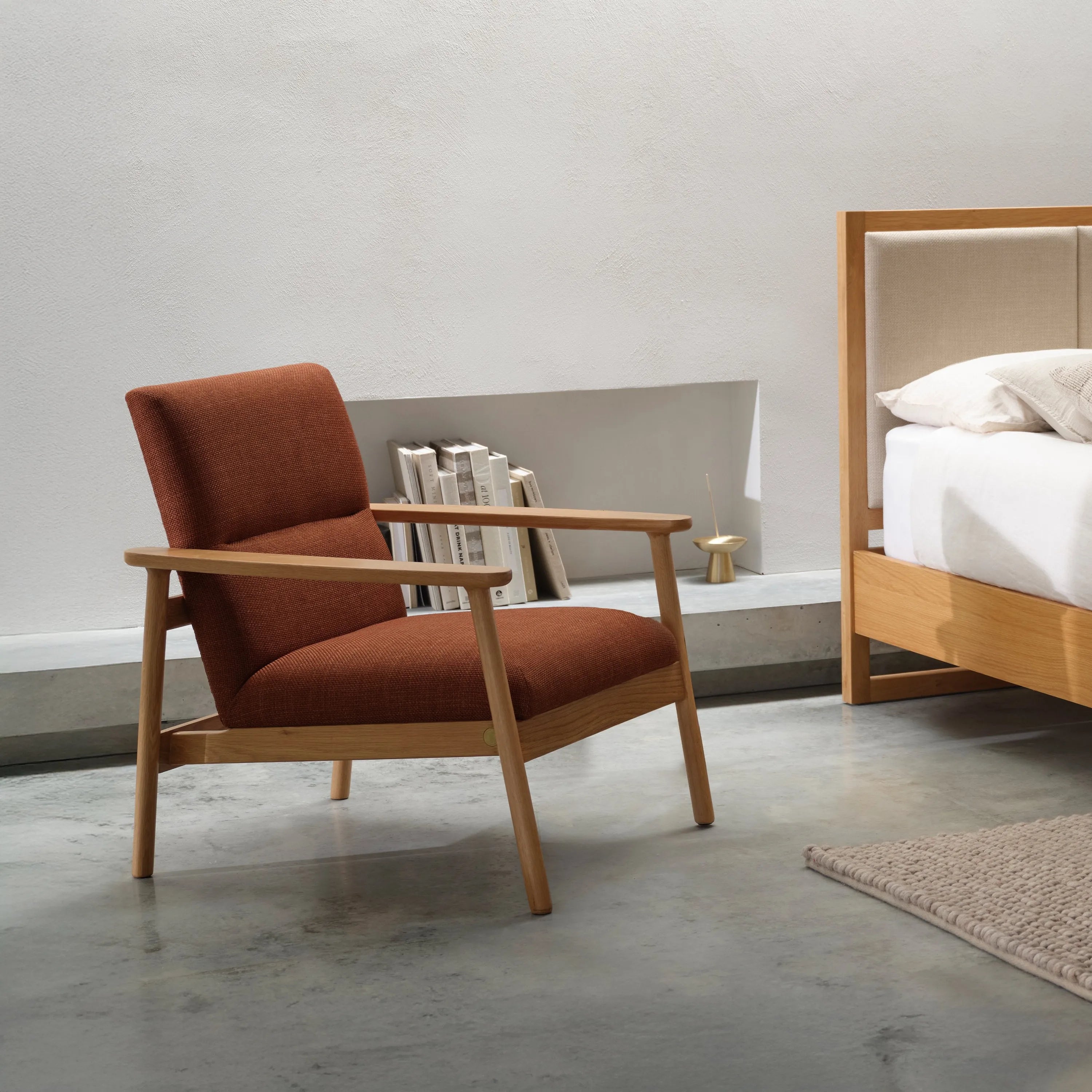 Mysa Armchair Caramel Fabric Solid American Oak