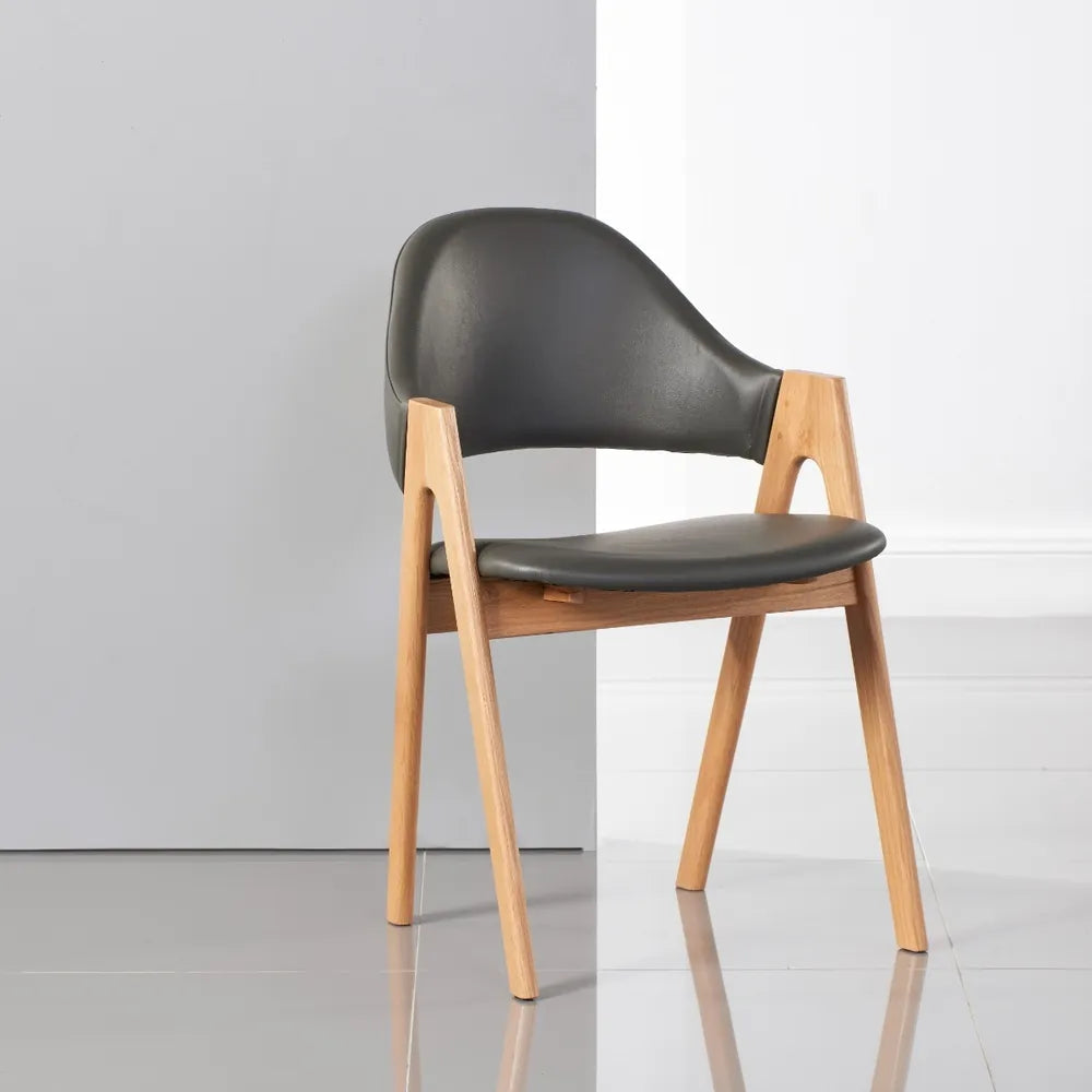 Nestor Dining Chair Grey Leather Solid American Oak