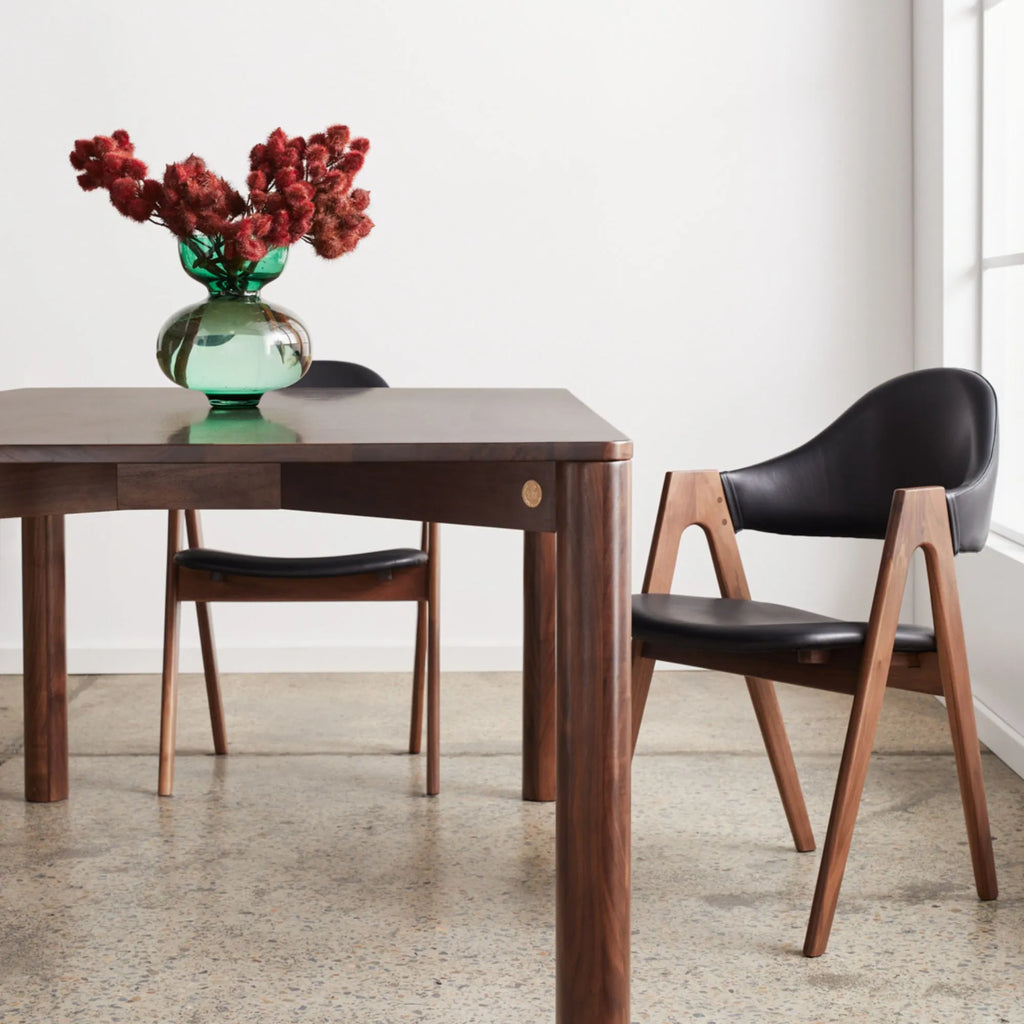 Nestor Dining Chair Black Leather Solid American Walnut