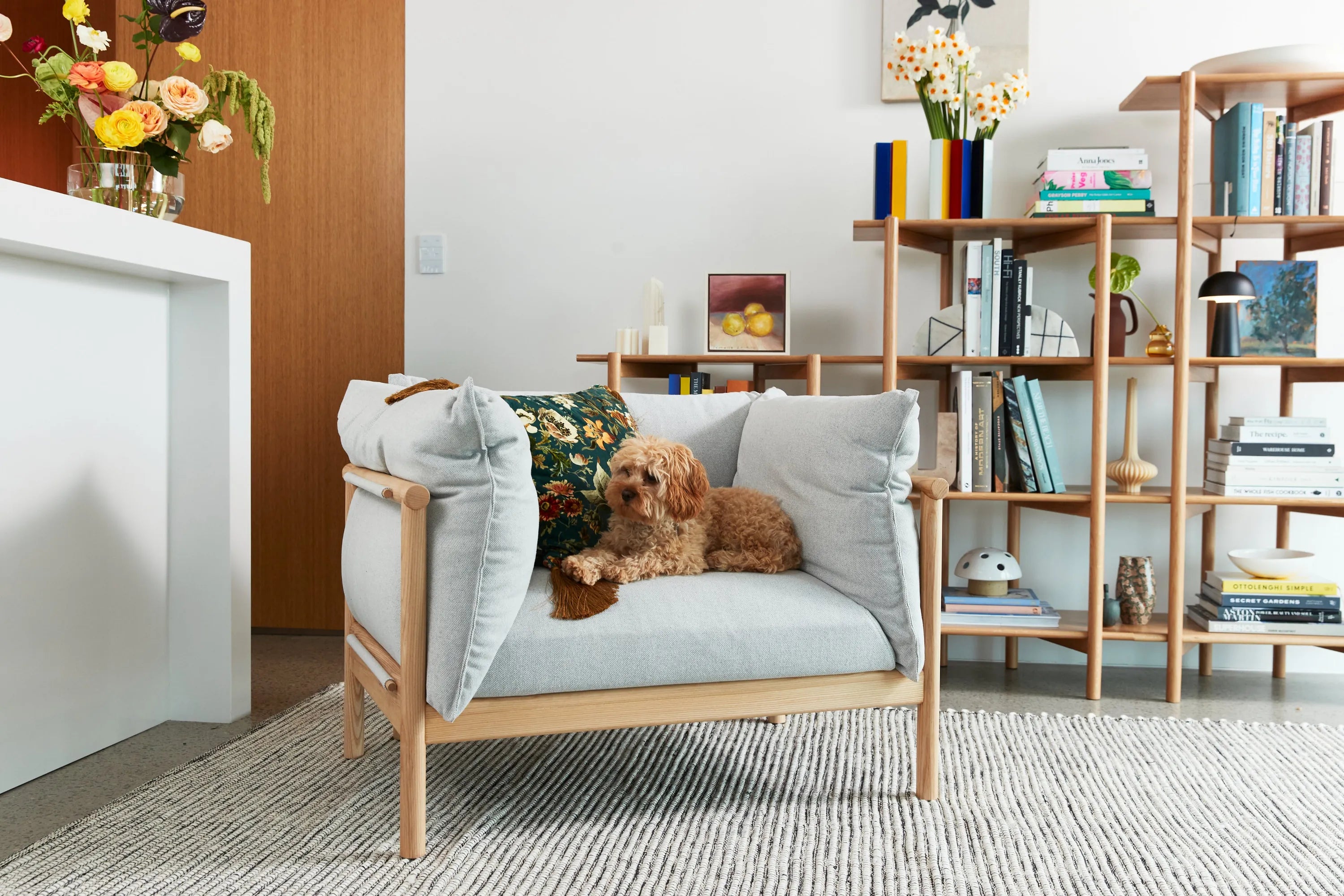 Olivia Armchair Soft Grey Fabric Solid American Oak