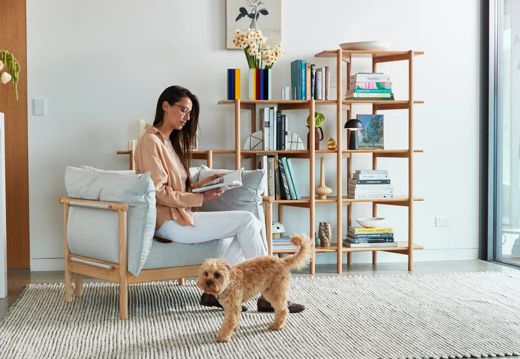 Olivia Armchair Soft Grey Fabric Solid American Oak