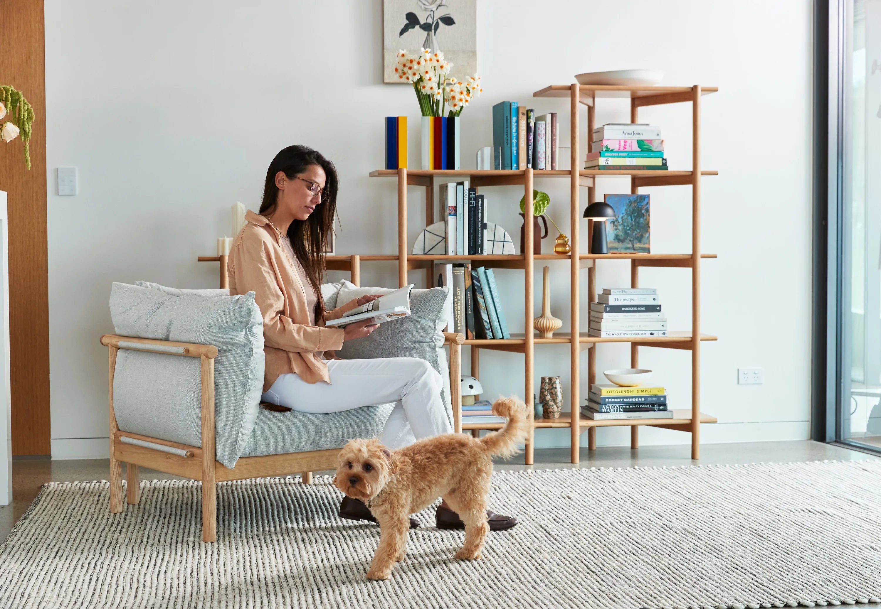 Olivia Armchair Soft Grey Fabric Solid American Oak