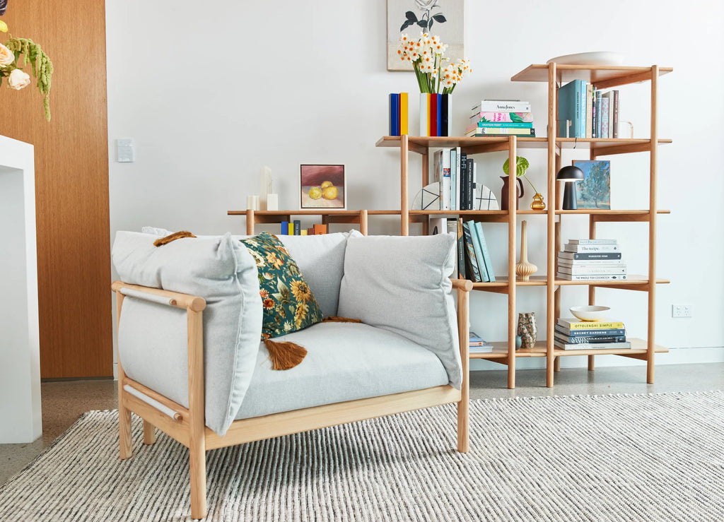 Olivia Armchair Soft Grey Fabric Solid American Oak