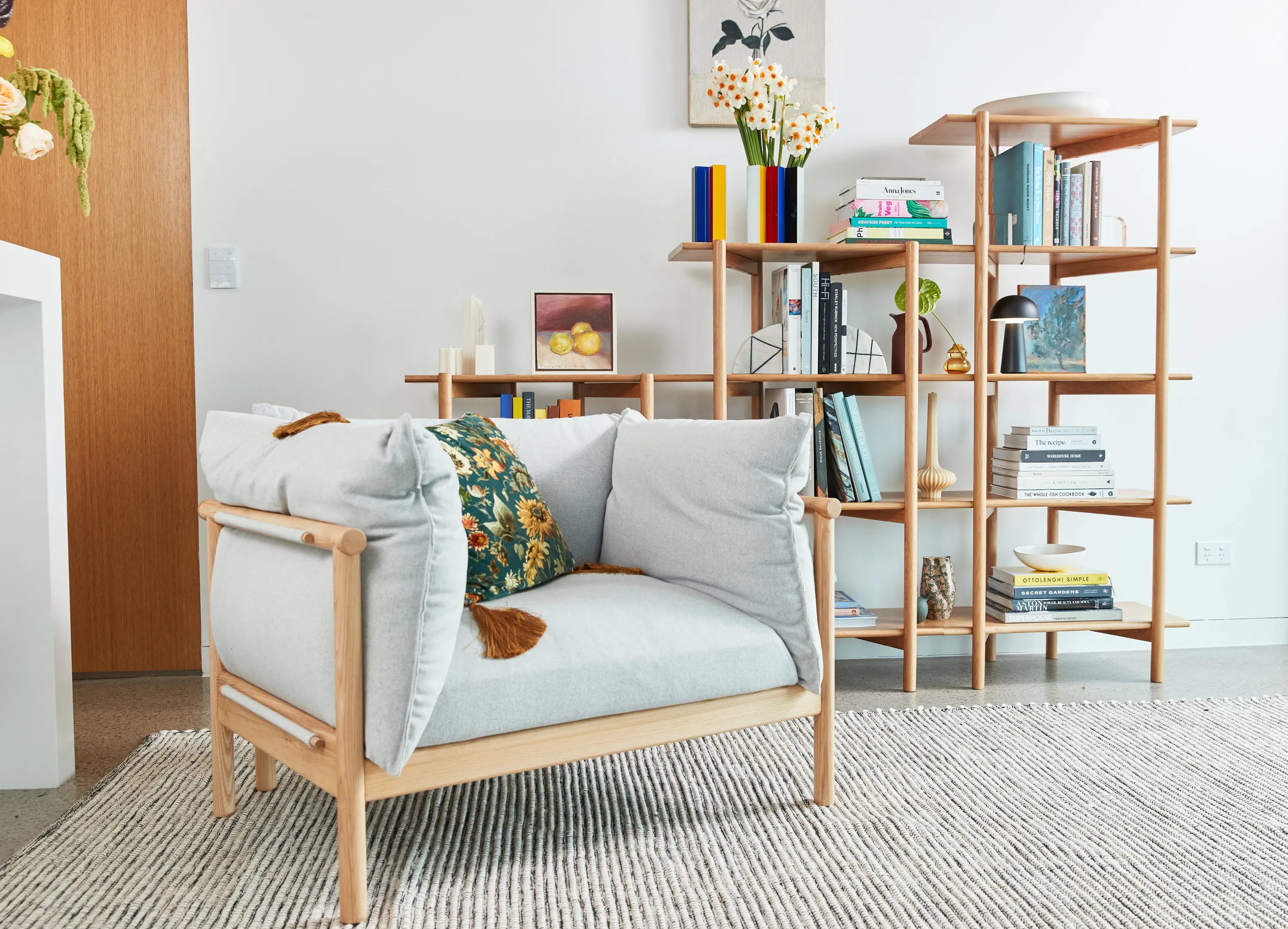 Olivia Armchair Soft Grey Fabric Solid American Oak