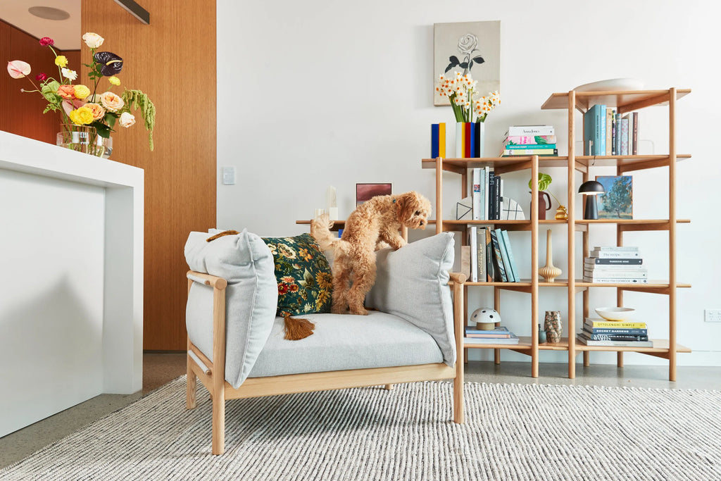 Olivia Armchair Soft Grey Fabric Solid American Oak