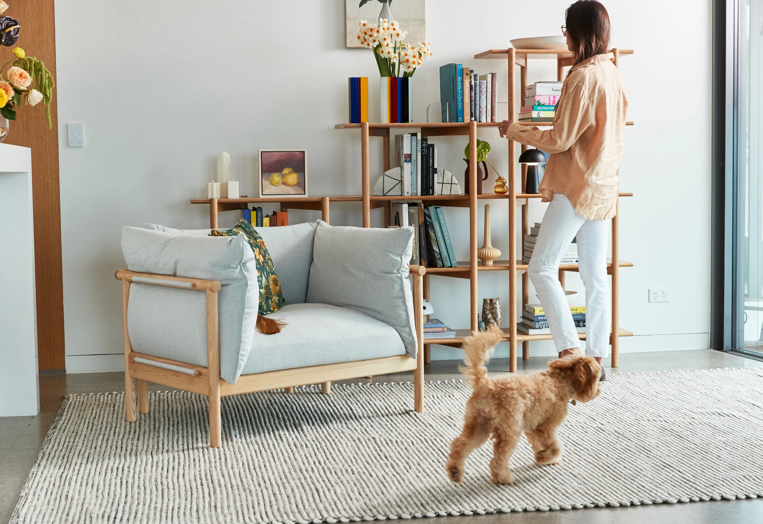 Olivia Armchair Soft Grey Fabric Solid American Oak