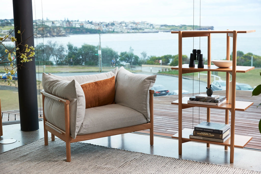 Olivia Armchair Soft Grey Fabric Solid American Oak