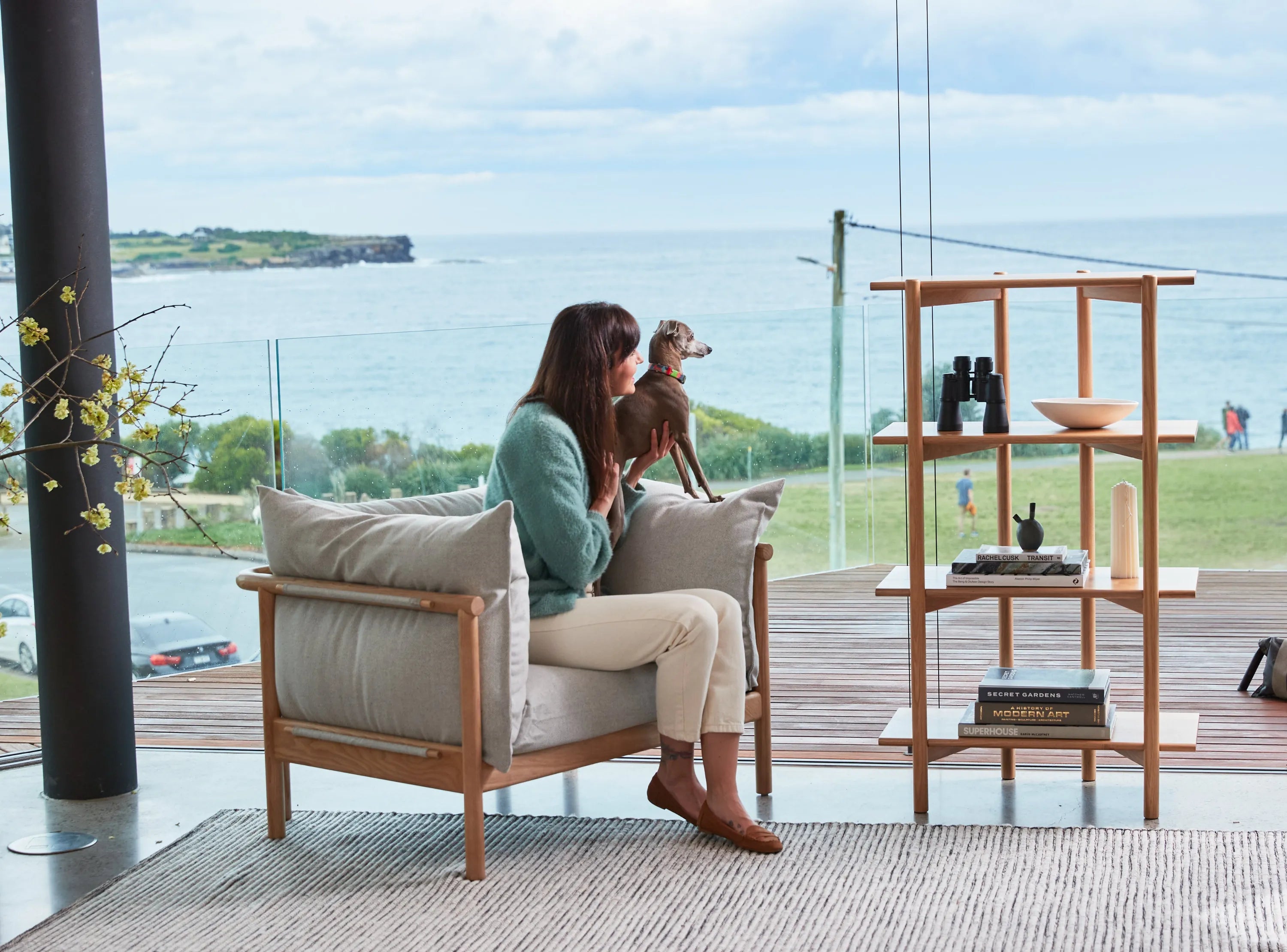 Olivia Armchair Soft Grey Fabric Solid American Oak