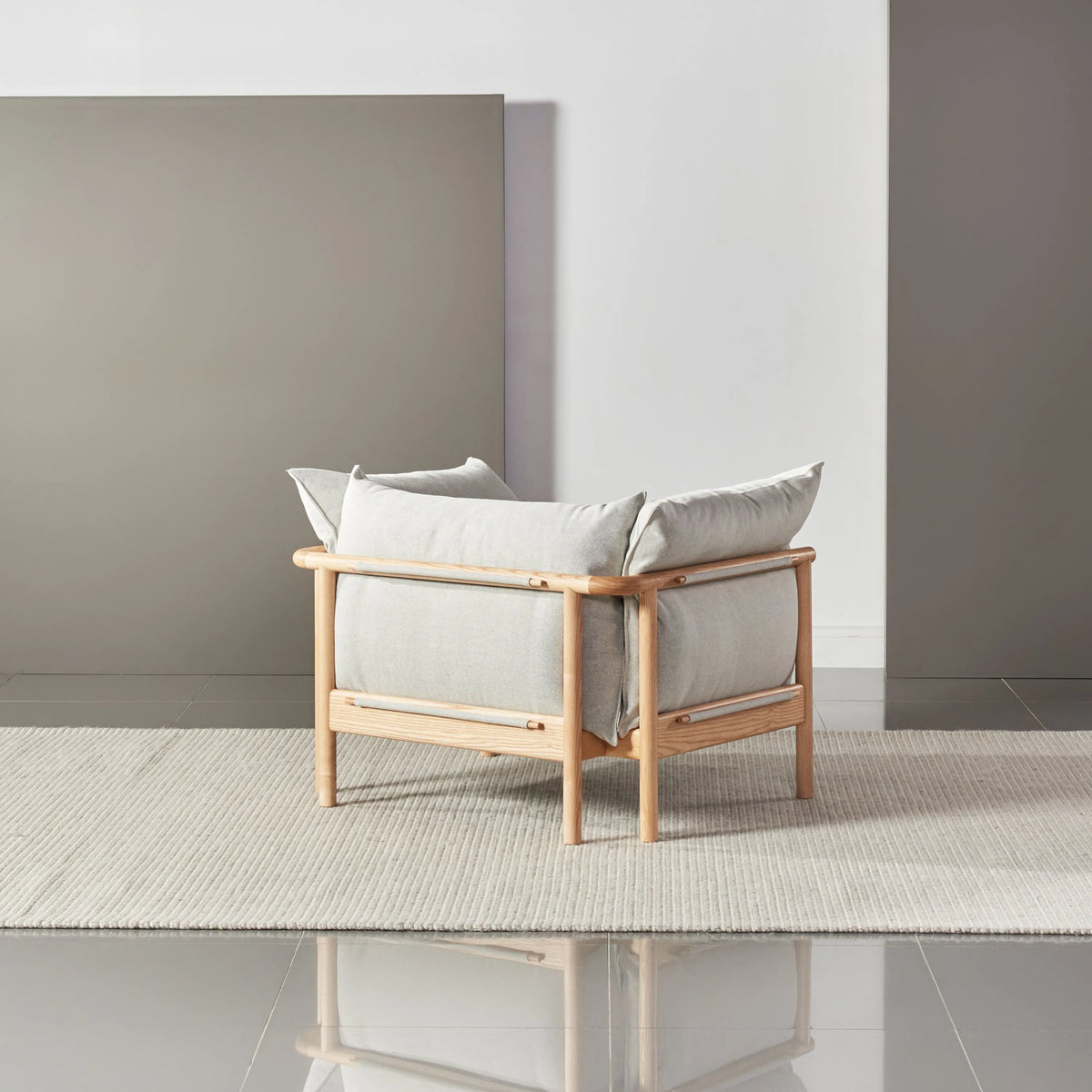 Olivia Armchair Soft Grey Fabric Solid American Oak