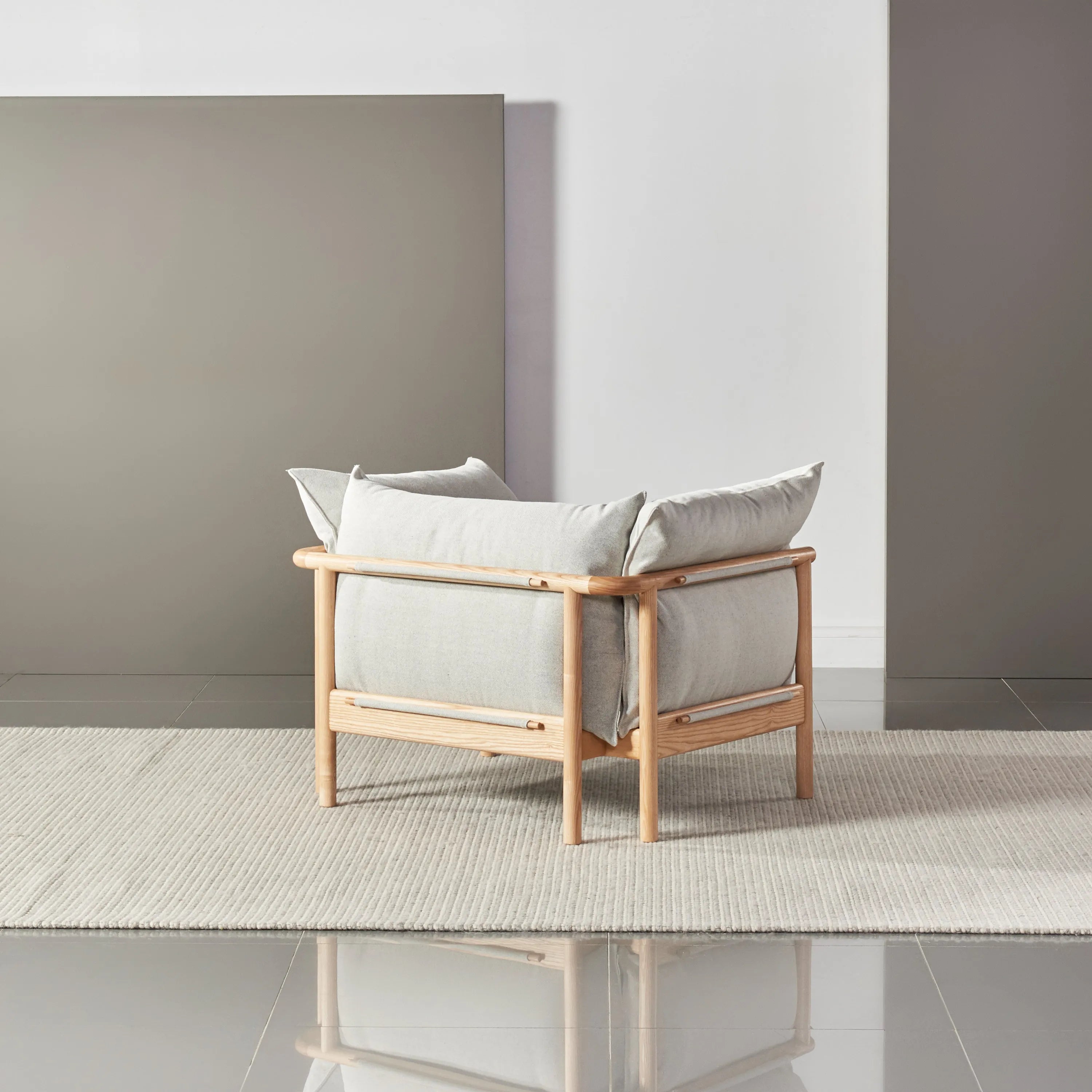 Olivia Armchair Soft Grey Fabric Solid American Oak