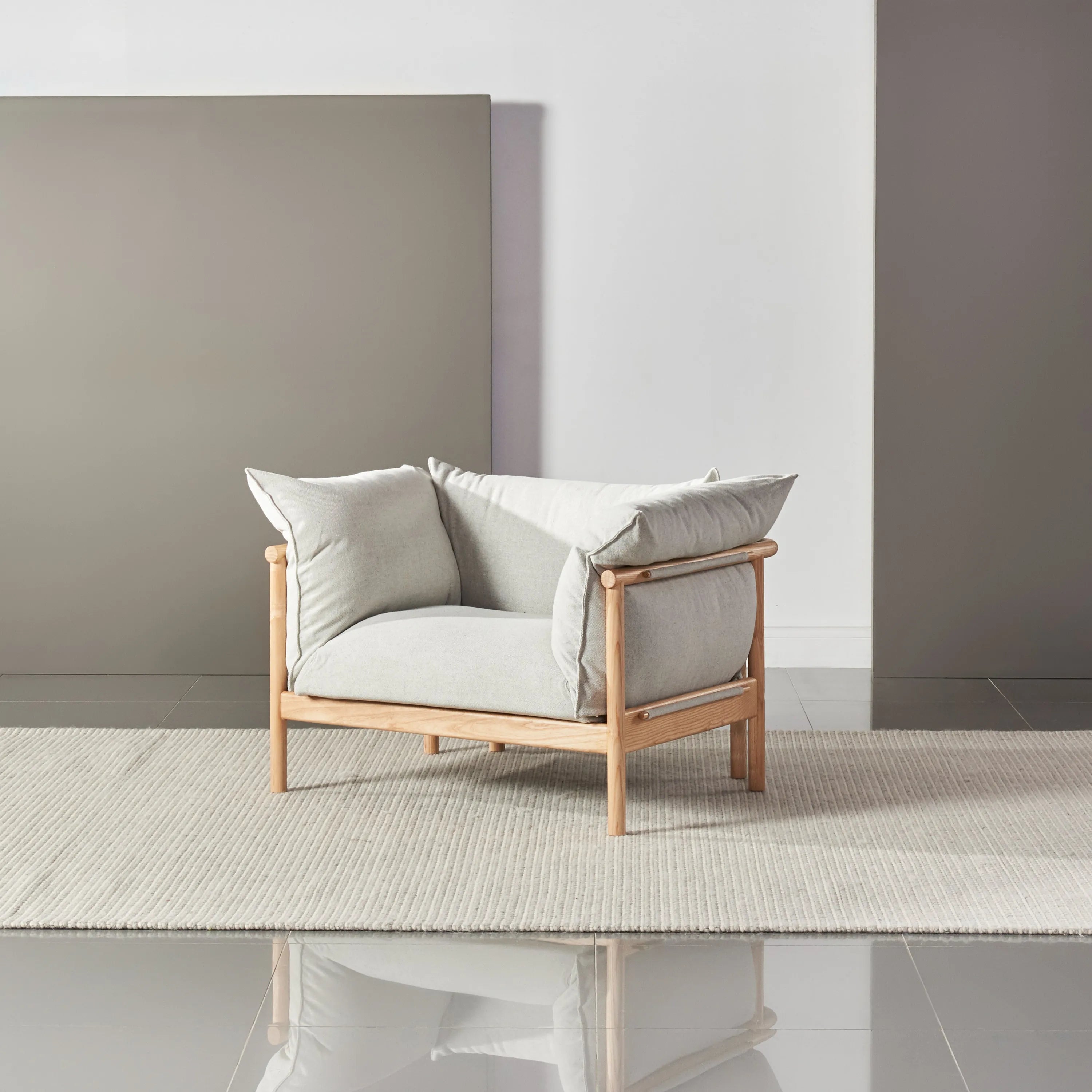 Olivia Armchair Soft Grey Fabric Solid American Oak