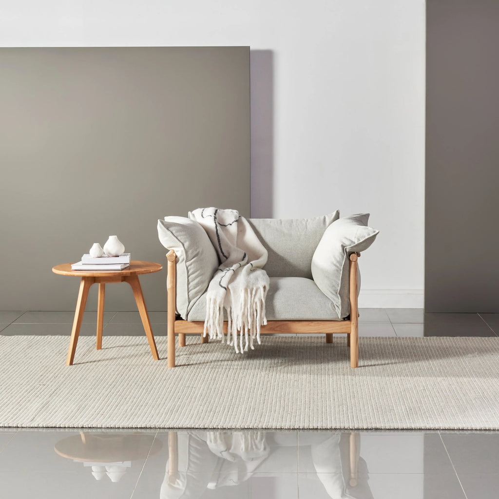 Olivia Armchair Soft Grey Fabric Solid American Oak