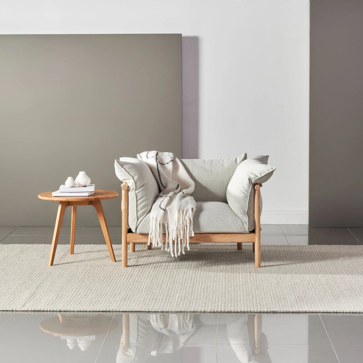 Olivia Armchair Soft Grey Fabric Solid American Oak